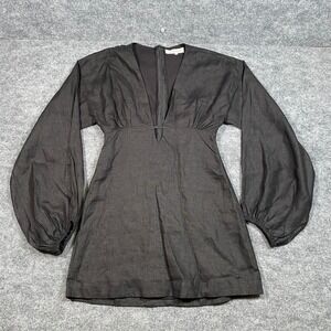 Summer Away Black 100% Linen Deep V-Neck Bishop‎ Sleeve Mini Dress Womens Medium